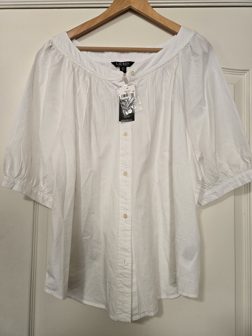 Lauren Ralph Lauren White Button-Front Peasant Top NWT Puff Sleeves